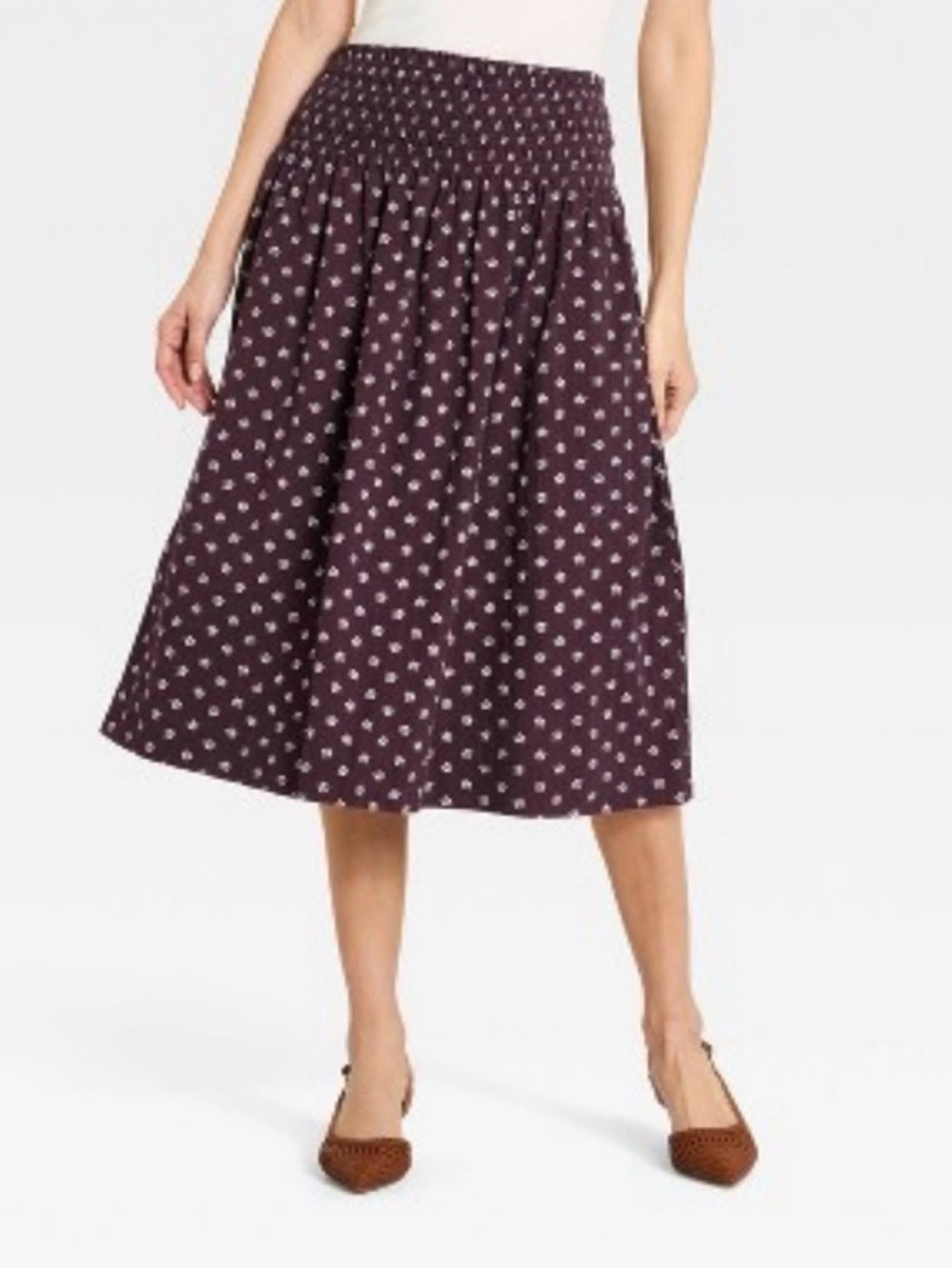 Universal Thread Plum Floral Smocked-Waist Midi Skirt
